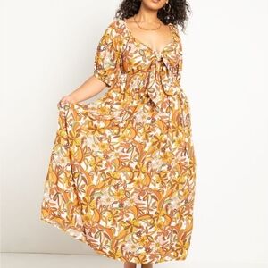 Eloquii Yellow Ruched Maxi Dress with Puff Sleeves